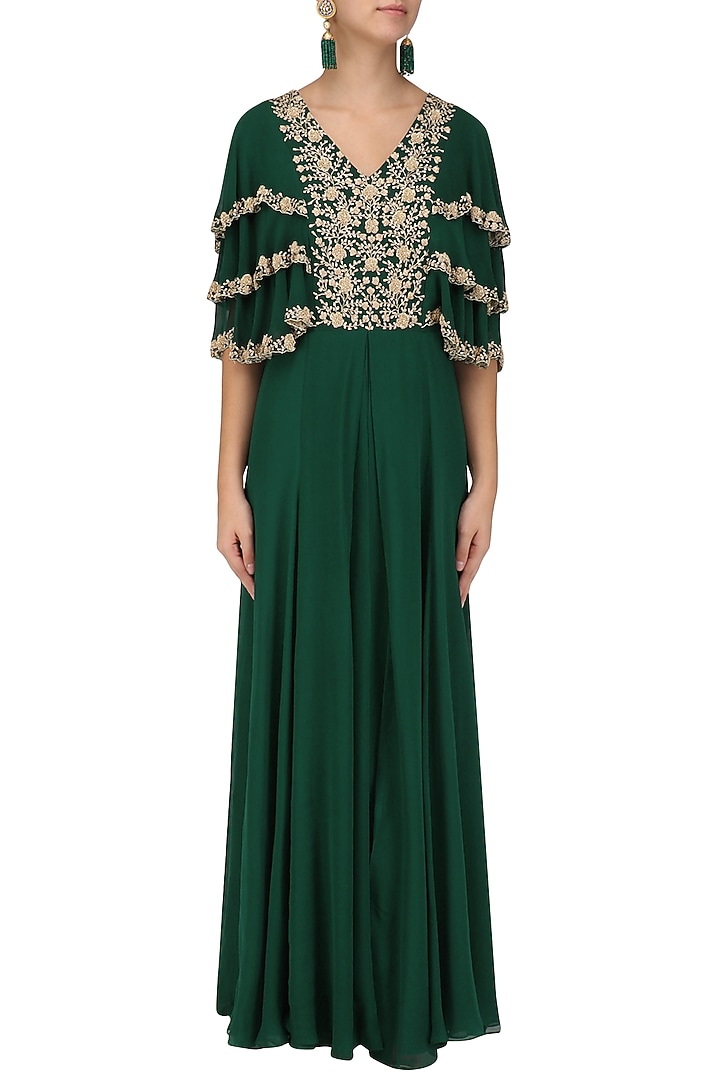 Bottle green embroidered layered sleeves pleated gown available only at Pernia's Pop Up Shop.