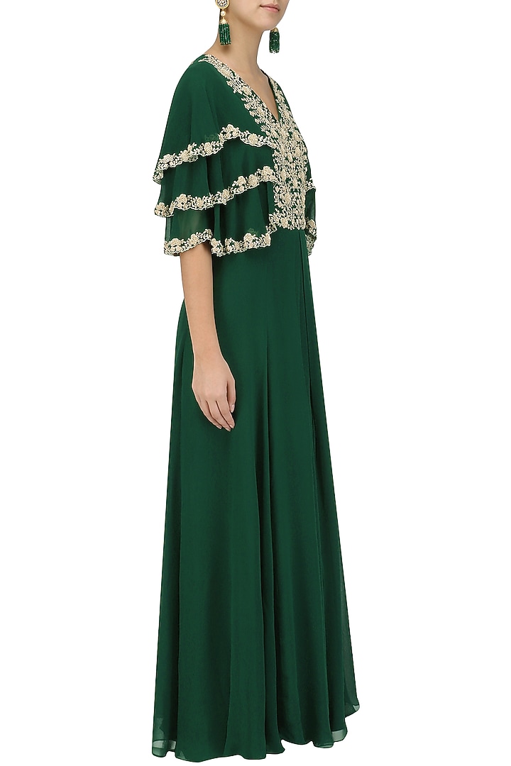 Bottle green embroidered layered sleeves pleated gown available only at Pernia's Pop Up Shop.