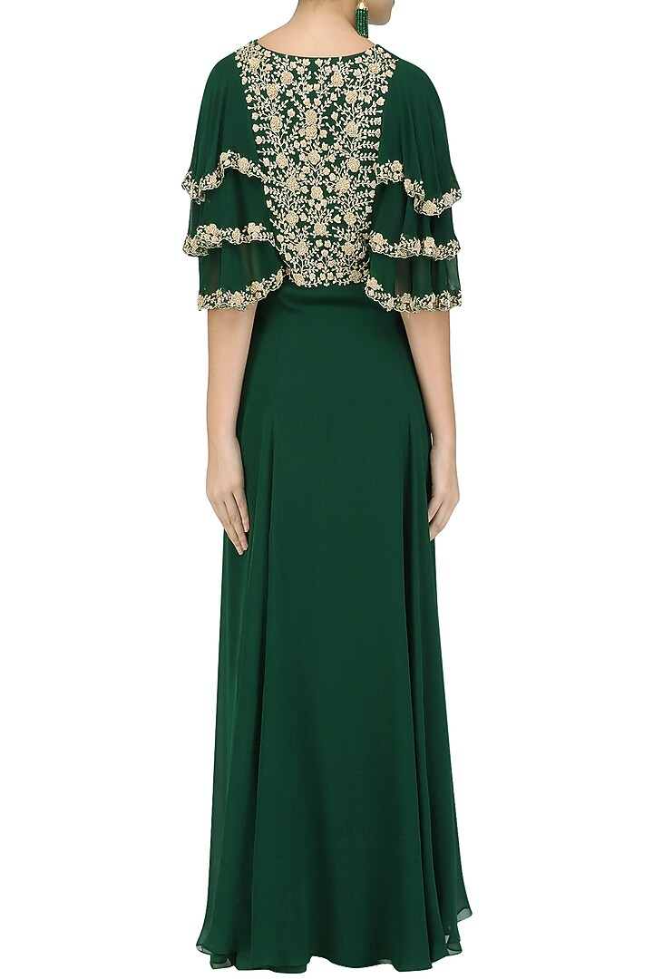 Bottle green embroidered layered sleeves pleated gown available only at Pernia's Pop Up Shop.