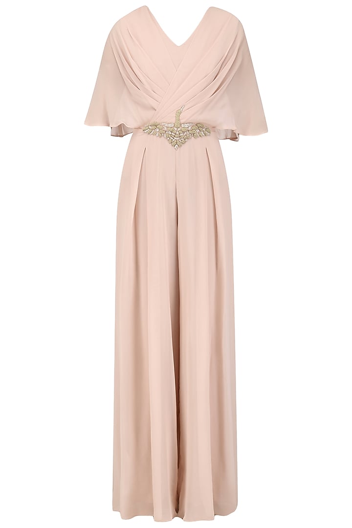 Blush pink embroidered draped Jumpsuit available only at Pernia's Pop Up Shop.