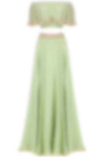 Mint Embroidered Off Shoulder Croptop with Circular Skirt by Seema Thukral