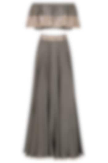 Grey Embroidered Off Shoulder Croptop with Circular Skirt by Seema Thukral