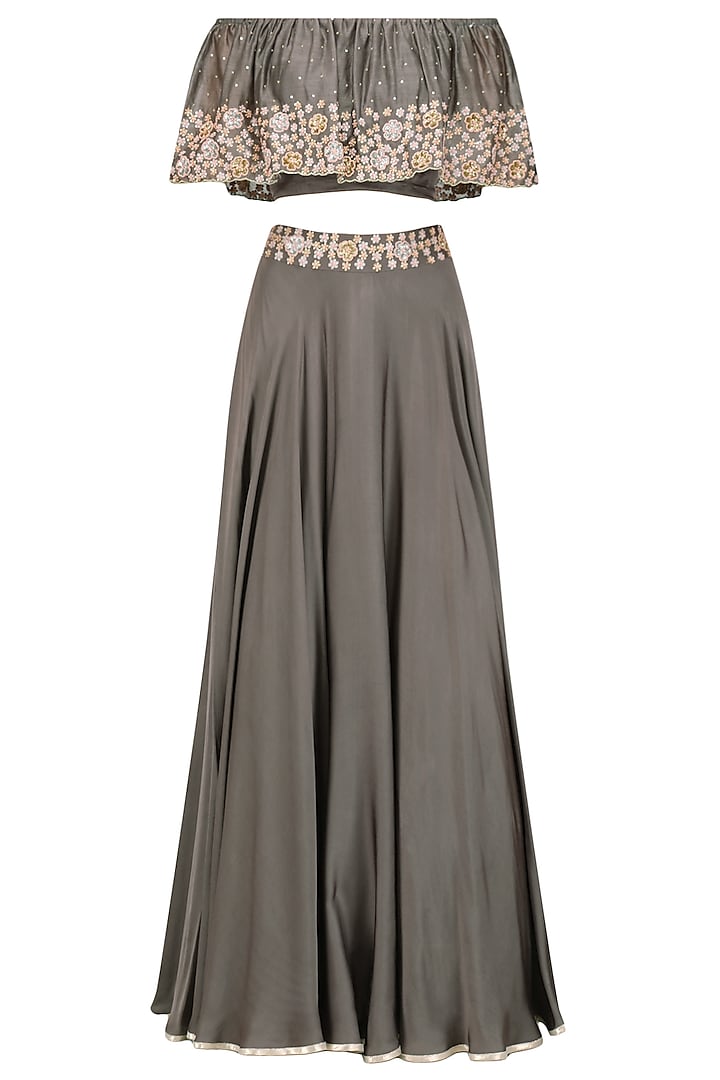 Grey Embroidered Off Shoulder Croptop with Circular Skirt by Seema Thukral