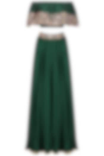 Bottle Green Embroidered Off Shoulder Croptop with Circular Skirt by Seema Thukral