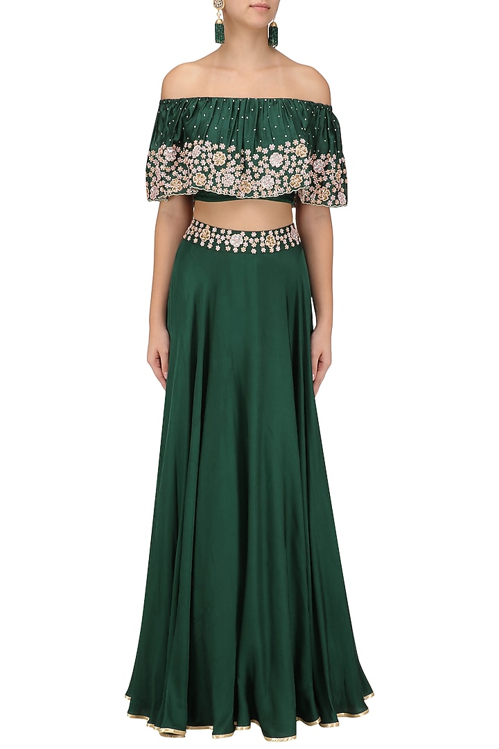 Bottle green embroidered off shoulder croptop with circular skirt available only at Pernia's Pop Up Shop.