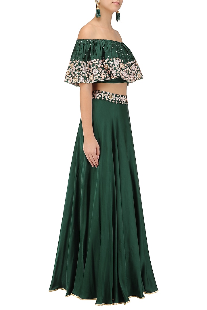 Bottle green embroidered off shoulder croptop with circular skirt available only at Pernia's Pop Up Shop.