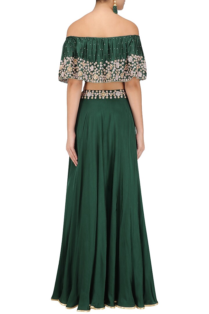 Bottle green embroidered off shoulder croptop with circular skirt available only at Pernia's Pop Up Shop.