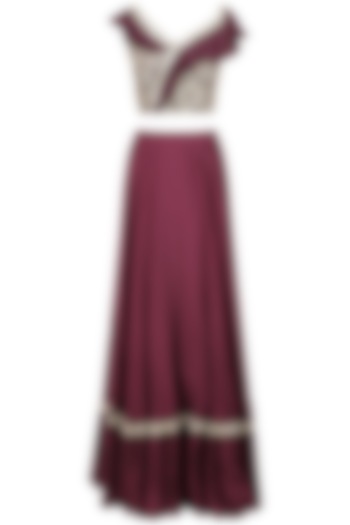 Wine Embroidered Ruffle Croptop with Circular Skirt by Seema Thukral