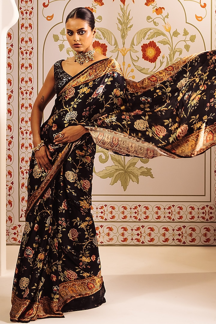 Black Pure Satin Silk Digital Chintz Printed Party Wear Saree by Studio 113 at Pernia's Pop Up Shop