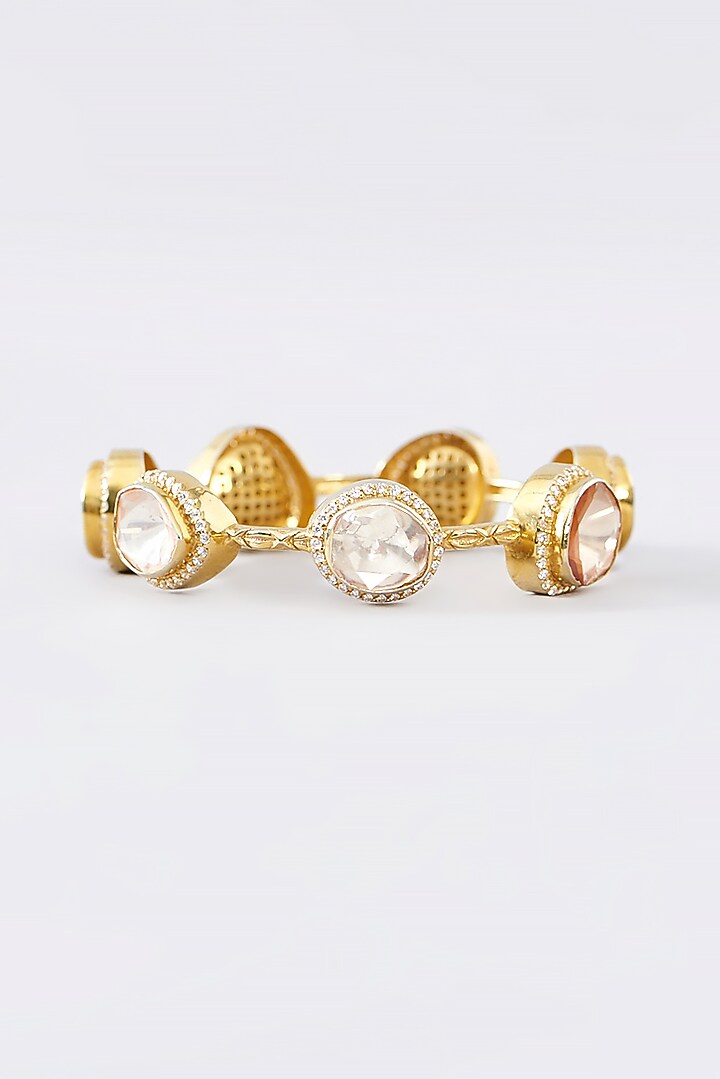 Gold Finish CZ & Moissanite Polki Bangle In Sterling Silver by STELLA CREATIONS at Pernia's Pop Up Shop