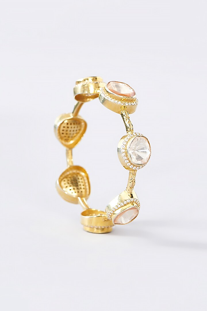 Gold Finish CZ & Moissanite Polki Bangle In Sterling Silver by STELLA CREATIONS at Pernia's Pop Up Shop
