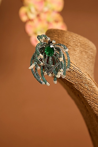 White Gold Finish Eurostar Swarovski & Emerald Brooch In Sterling Silver by STELLA CREATIONS