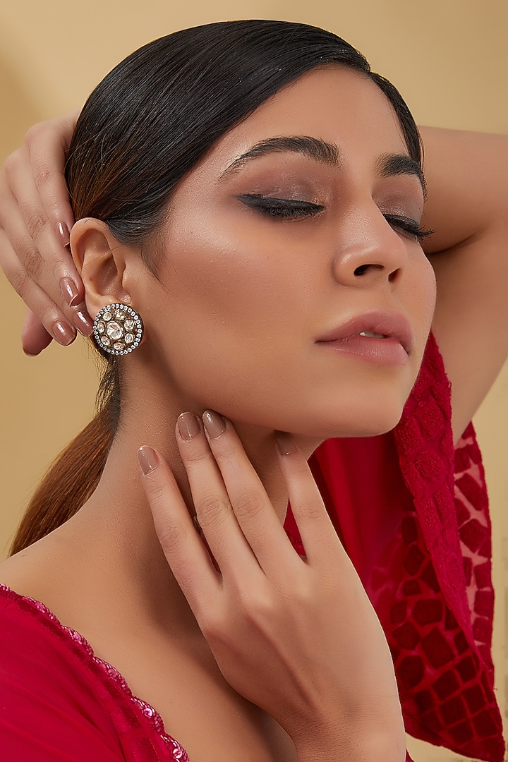 Black Rhodium Finish CZ & Moissanite Polki Stud Earrings In Sterling Silver by STELLA CREATIONS at Pernia's Pop Up Shop
