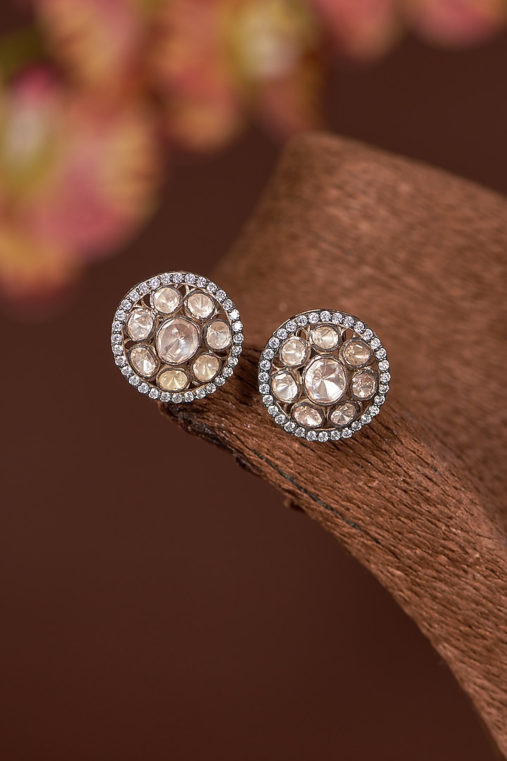 Black Rhodium Finish CZ & Moissanite Polki Stud Earrings In Sterling Silver by STELLA CREATIONS at Pernia's Pop Up Shop