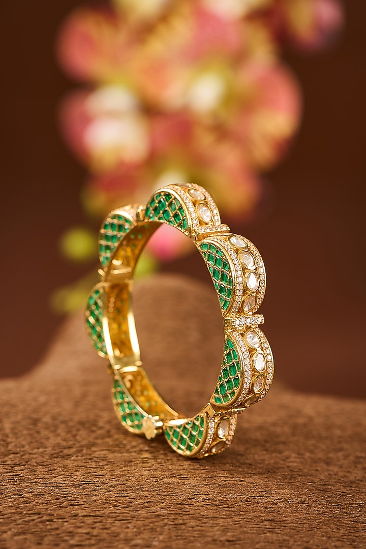 Yellow Gold Finish Moissanite Polki & Emerald Stone Bangle In Sterling Silver by STELLA CREATIONS at Pernia's Pop Up Shop