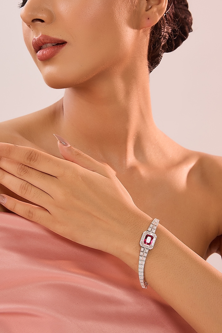 White Gold Finish Zircon & Ruby Stone Bracelet In Sterling Silver by STELLA CREATIONS at Pernia's Pop Up Shop