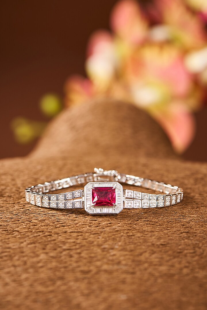 White Gold Finish Zircon & Ruby Stone Bracelet In Sterling Silver by STELLA CREATIONS at Pernia's Pop Up Shop