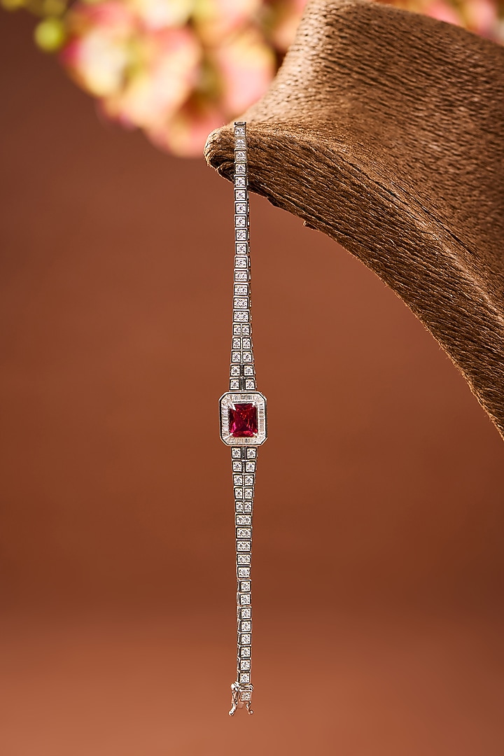 White Gold Finish Zircon & Ruby Stone Bracelet In Sterling Silver by STELLA CREATIONS at Pernia's Pop Up Shop