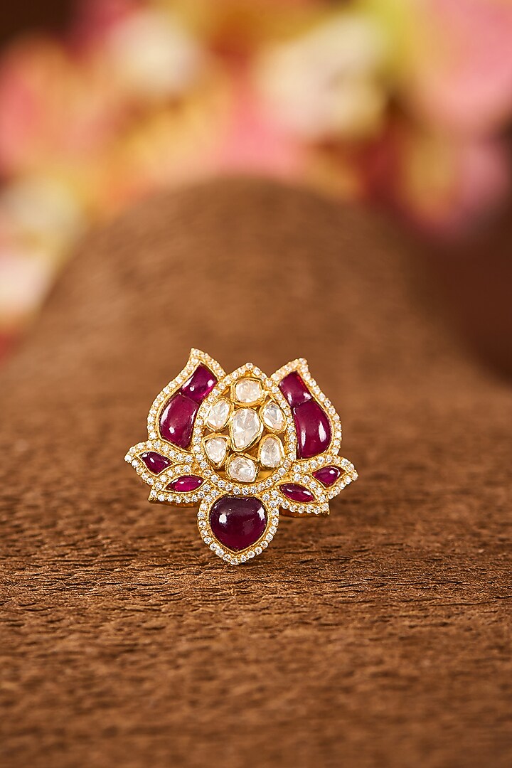 Yellow Gold Finish Moissanite Polki & Ruby Stone Ring In Sterling Silver by STELLA CREATIONS at Pernia's Pop Up Shop