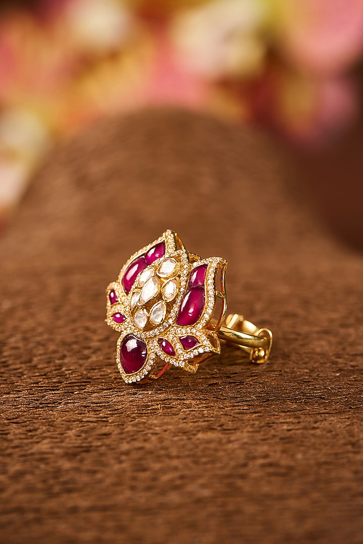 Yellow Gold Finish Moissanite Polki & Ruby Stone Ring In Sterling Silver by STELLA CREATIONS at Pernia's Pop Up Shop