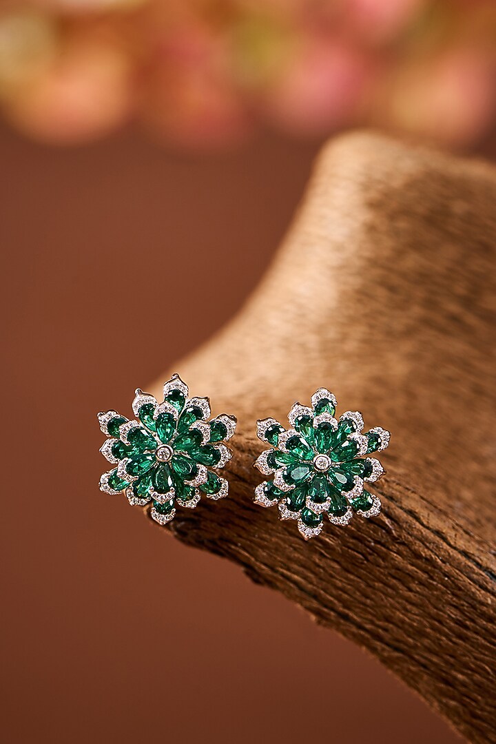 White Gold Finish Eurostar Zircon & Emerald Stone Stud Earrings In Sterling Silver by STELLA CREATIONS at Pernia's Pop Up Shop