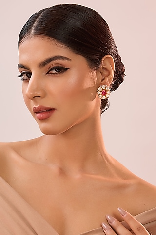 Yellow Gold Finish Moissanite Polki & Ruby Stone Stud Earrings In Sterling Silver by STELLA CREATIONS