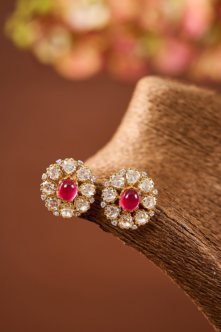 Yellow Gold Finish Moissanite Polki & Ruby Stone Stud Earrings In Sterling Silver by STELLA CREATIONS at Pernia's Pop Up Shop