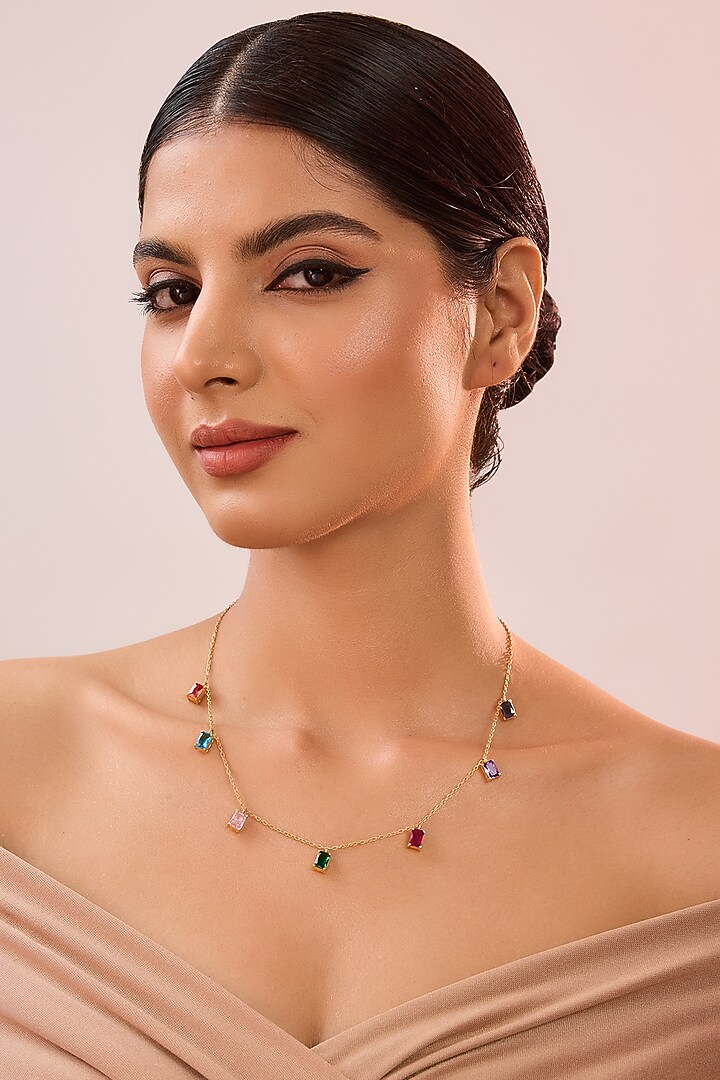 Yellow Gold Finish Eurostar Zircon & Multi-Colored Sapphire Stone Necklace In Sterling Silver by STELLA CREATIONS at Pernia's Pop Up Shop