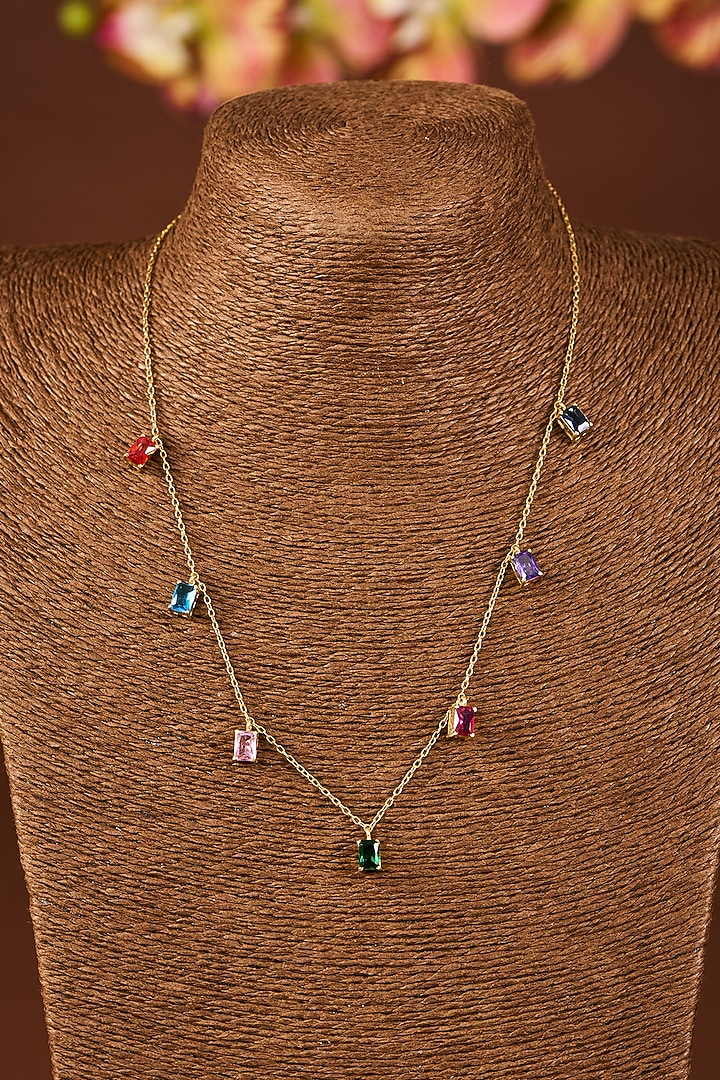 Yellow Gold Finish Eurostar Zircon & Multi-Colored Sapphire Stone Necklace In Sterling Silver by STELLA CREATIONS at Pernia's Pop Up Shop