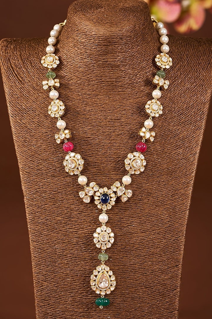 Yellow Gold Finish Moissanite Polki & Emerald Stone Long Necklace Set In Sterling Silver by STELLA CREATIONS at Pernia's Pop Up Shop