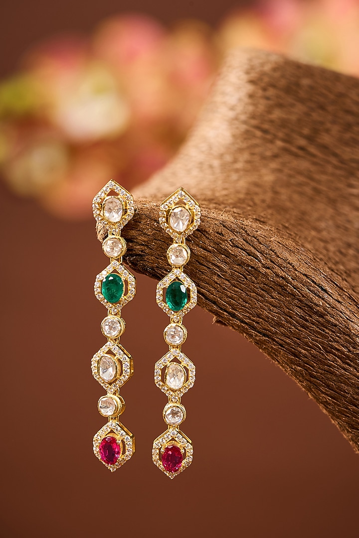 White Gold Finish Eurostar Zircon & Emerald Stone Dangler Earrings by STELLA CREATIONS at Pernia's Pop Up Shop