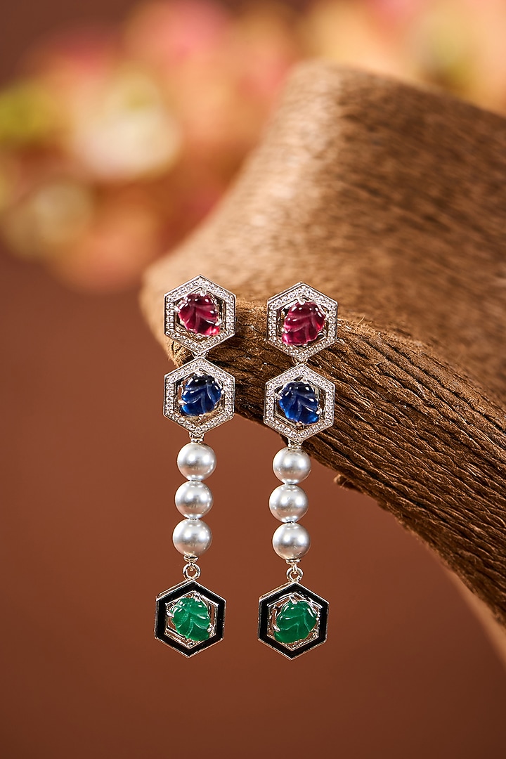 White Gold Finish Eurostar Zircon & Emerald Stone Dangler Earrings In Sterling Silver by STELLA CREATIONS at Pernia's Pop Up Shop