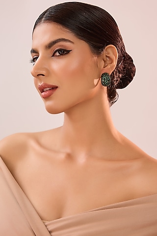 Black Rhodium Finish Eurostar Zircon & Emerald Stone Hoop Earrings In Sterling Silver by STELLA CREATIONS