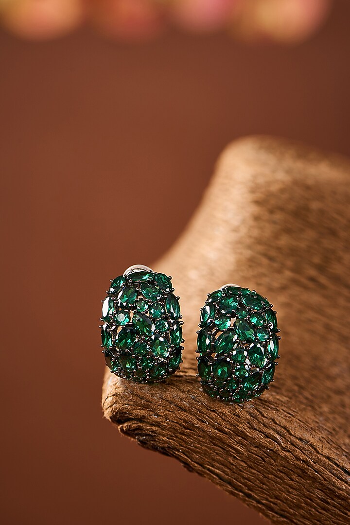 Black Rhodium Finish Eurostar Zircon & Emerald Stone Hoop Earrings In Sterling Silver by STELLA CREATIONS at Pernia's Pop Up Shop