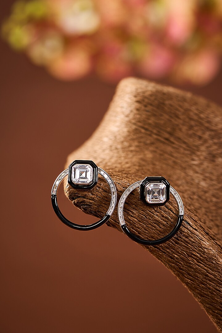 White Gold Finish Eurostar Zircon Black Enameled Detachable Stud Earrings by STELLA CREATIONS at Pernia's Pop Up Shop