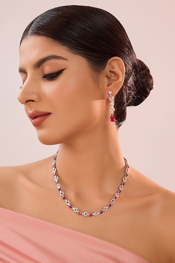 White Gold Finish Eurostar Zircon & Ruby Stone Necklace Set In Sterling Silver by STELLA CREATIONS at Pernia's Pop Up Shop