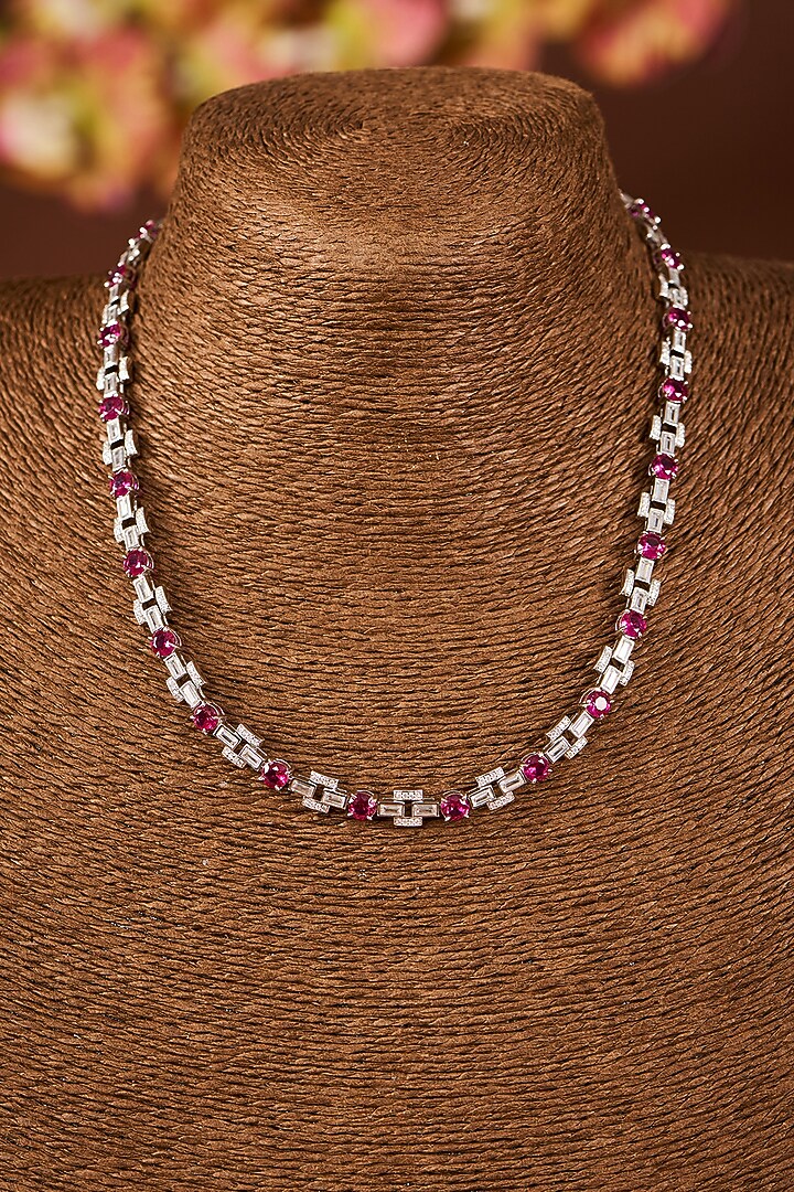 White Gold Finish Eurostar Zircon & Ruby Stone Necklace Set In Sterling Silver by STELLA CREATIONS at Pernia's Pop Up Shop