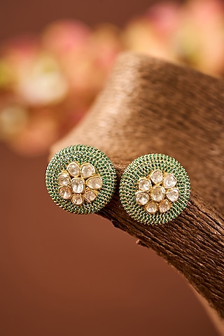 Yellow Gold Finish Moissanite Polki & Emerald Stone Stud Earrings In Sterling Silver by STELLA CREATIONS