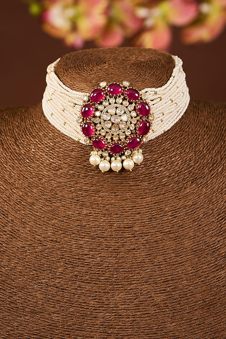 Yellow Gold Finish Moissanite Polki & Ruby Stone Choker Necklace In Sterling Silver by STELLA CREATIONS at Pernia's Pop Up Shop