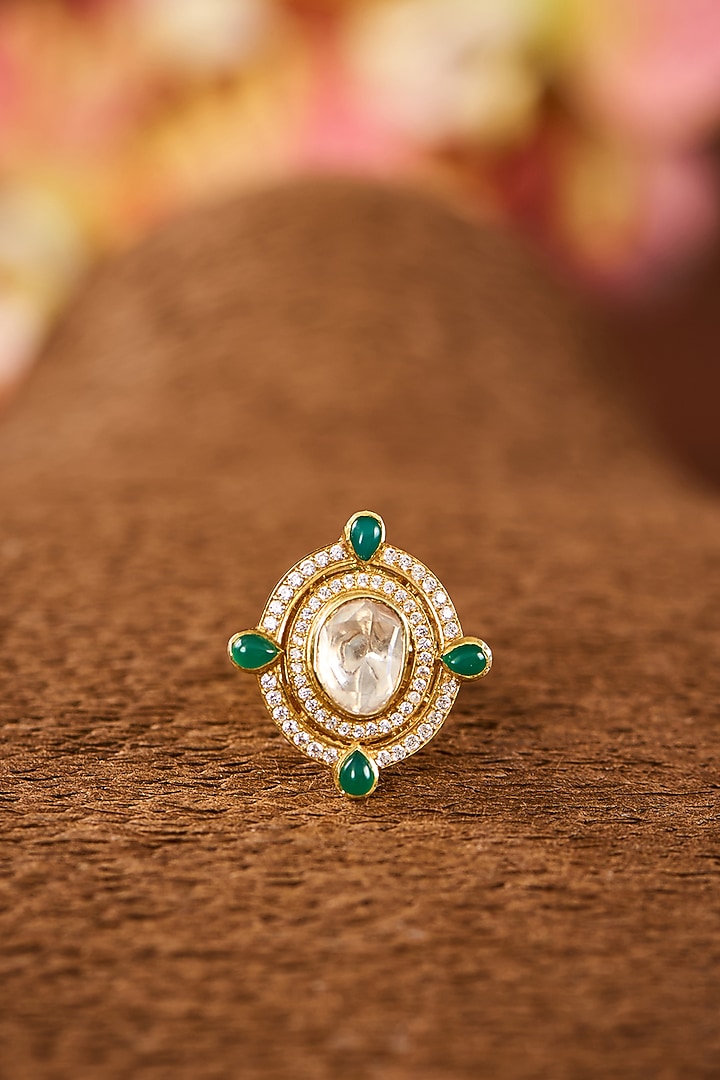 Yellow Gold Finish Moissanite Polki & Glass-Filled Emerald Stone Adjustable Ring In Sterling Silver by STELLA CREATIONS at Pernia's Pop Up Shop