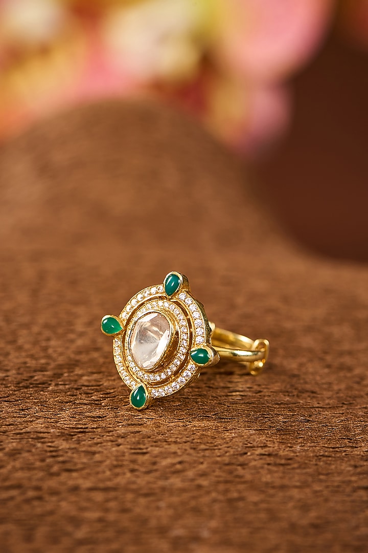 Yellow Gold Finish Moissanite Polki & Glass-Filled Emerald Stone Adjustable Ring In Sterling Silver by STELLA CREATIONS at Pernia's Pop Up Shop