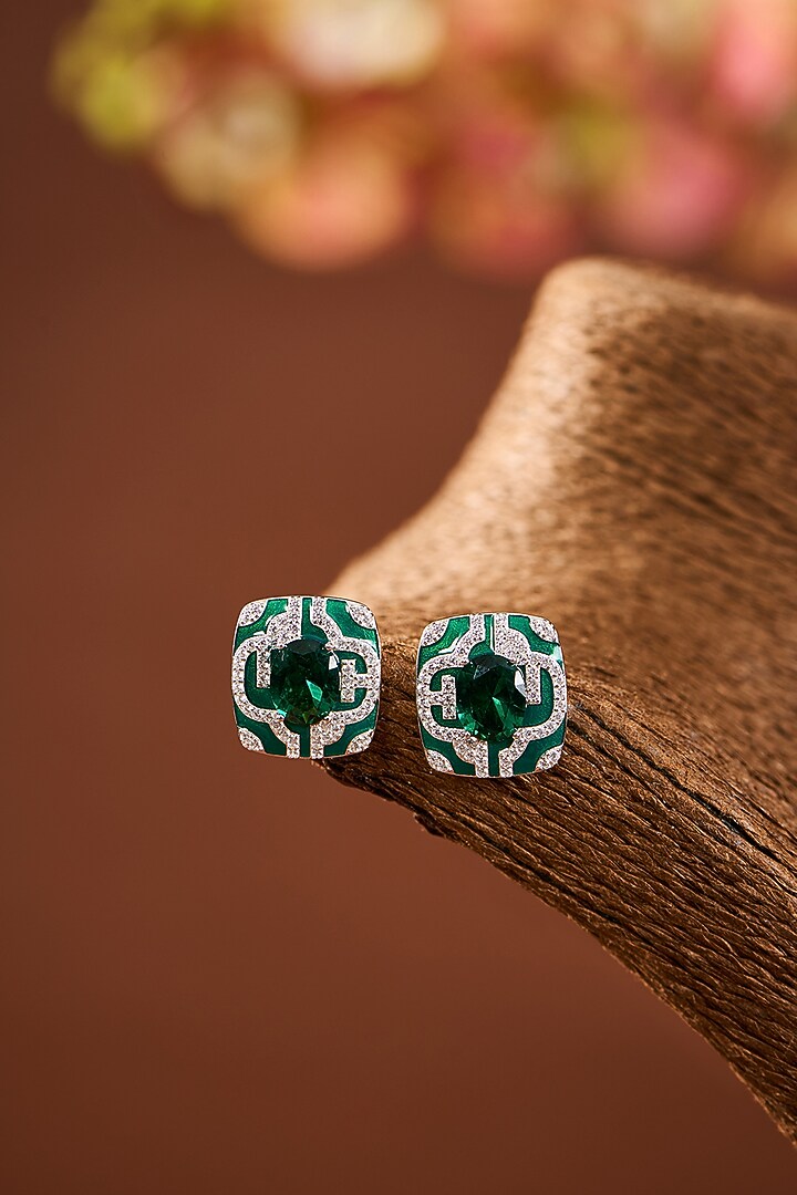 White Gold Finish Eurostar Zircon & Emerald Stone Stud Earrings In Sterling Silver by STELLA CREATIONS at Pernia's Pop Up Shop