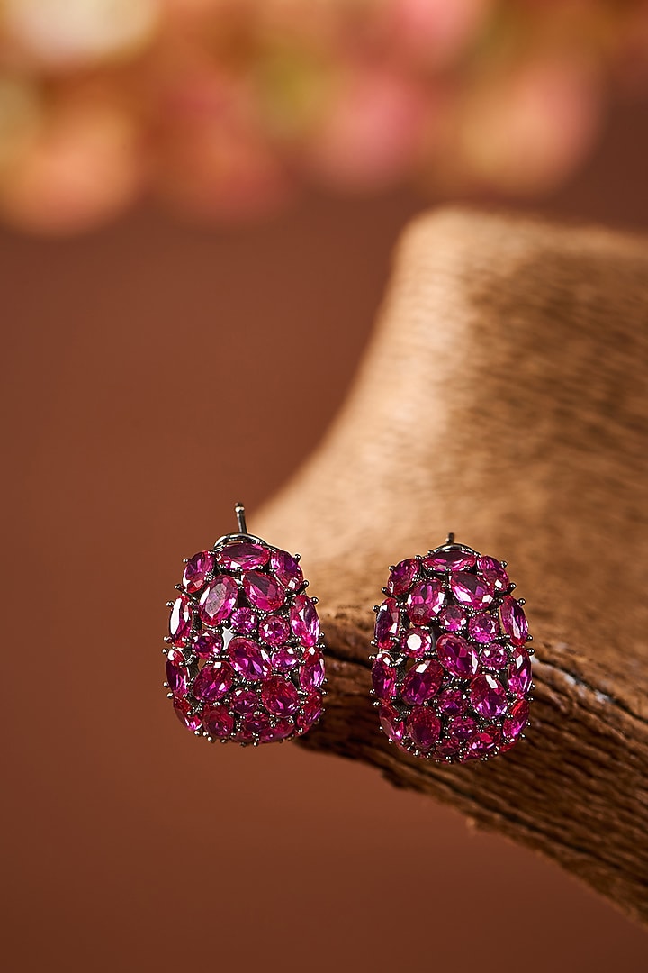 Black Rhodium Finish Eurostar Zircon & Ruby Stone Hoop Earrings In Sterling Silver by STELLA CREATIONS at Pernia's Pop Up Shop
