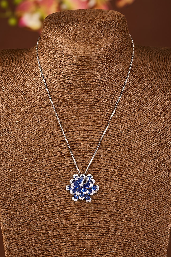 White Gold Finish Eurostar Zircon & Blue Sapphire Stone Necklace Cum Brooch In Sterling Silver by STELLA CREATIONS at Pernia's Pop Up Shop