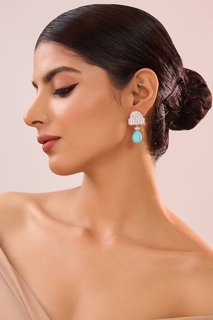 White Gold Finish Eurostar Zircon & Turquoise Stone Dangler Earrings In Sterling Silver by STELLA CREATIONS at Pernia's Pop Up Shop