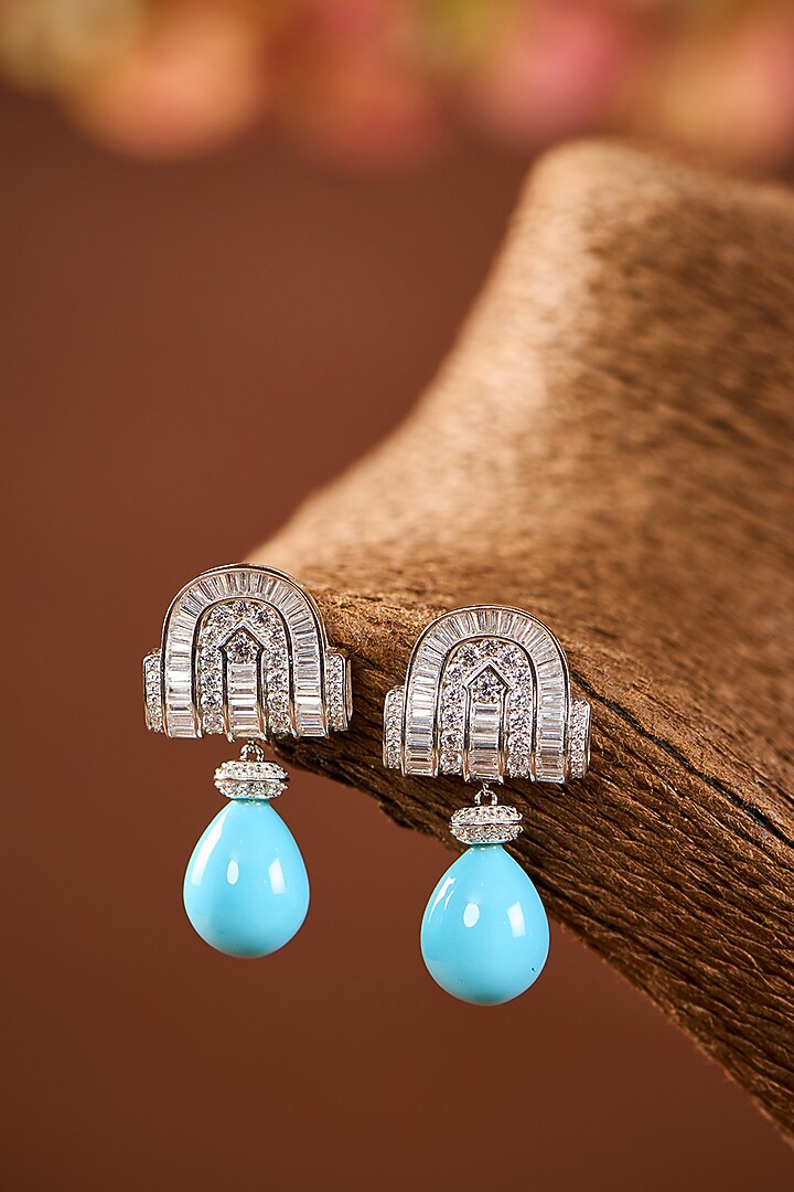 White Gold Finish Eurostar Zircon & Turquoise Stone Dangler Earrings In Sterling Silver by STELLA CREATIONS at Pernia's Pop Up Shop