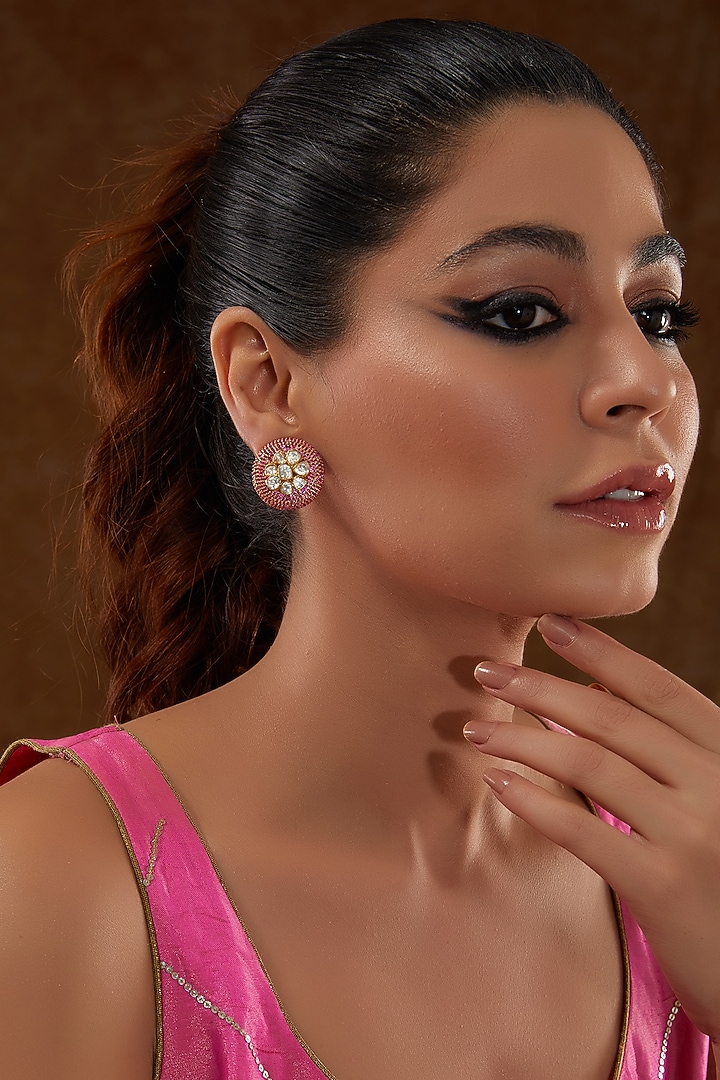 Gold Finish Moissanite Polki & Ruby Stud Earrings In Sterling Silver by STELLA CREATIONS at Pernia's Pop Up Shop