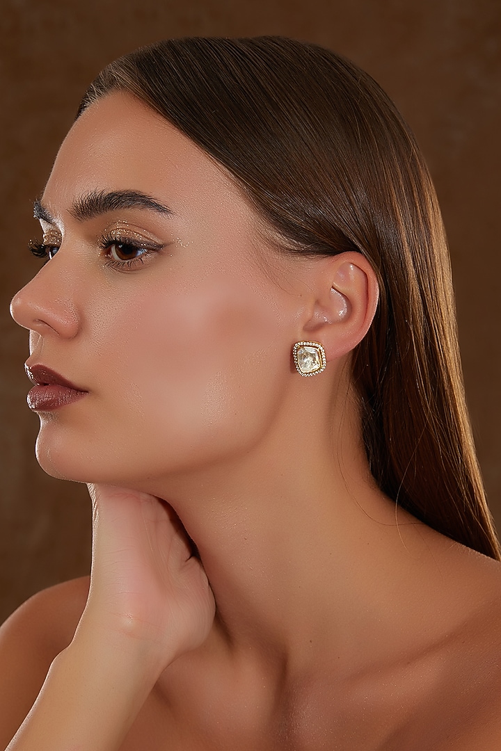 Gold Finish Moissanite Polki & CZ Stud Earrings In Sterling Silver by STELLA CREATIONS at Pernia's Pop Up Shop