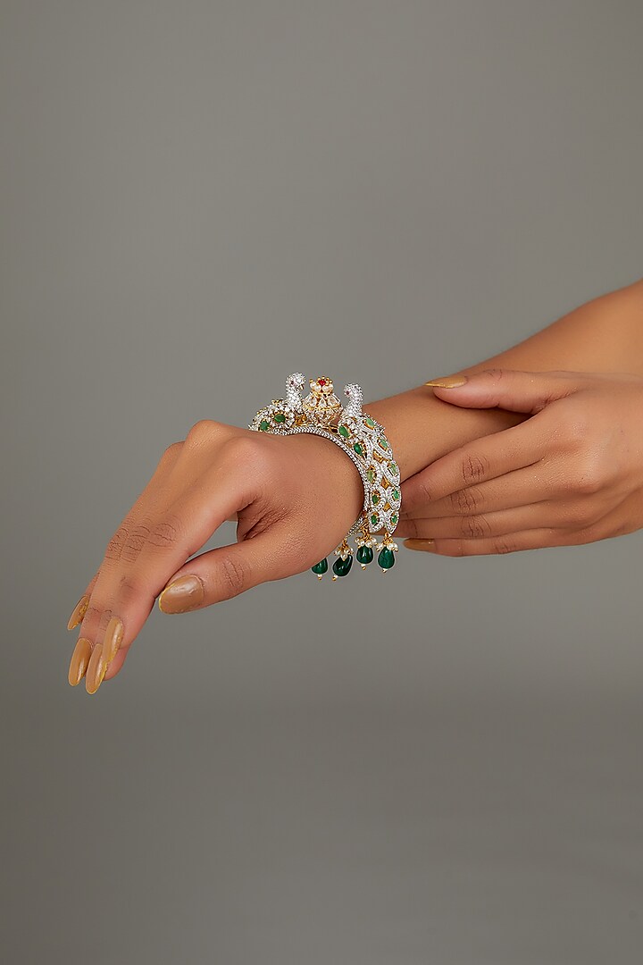 Gold Finish Peacock Motif & Green Beaded Bangle by Studio6 Jewels at Pernia's Pop Up Shop