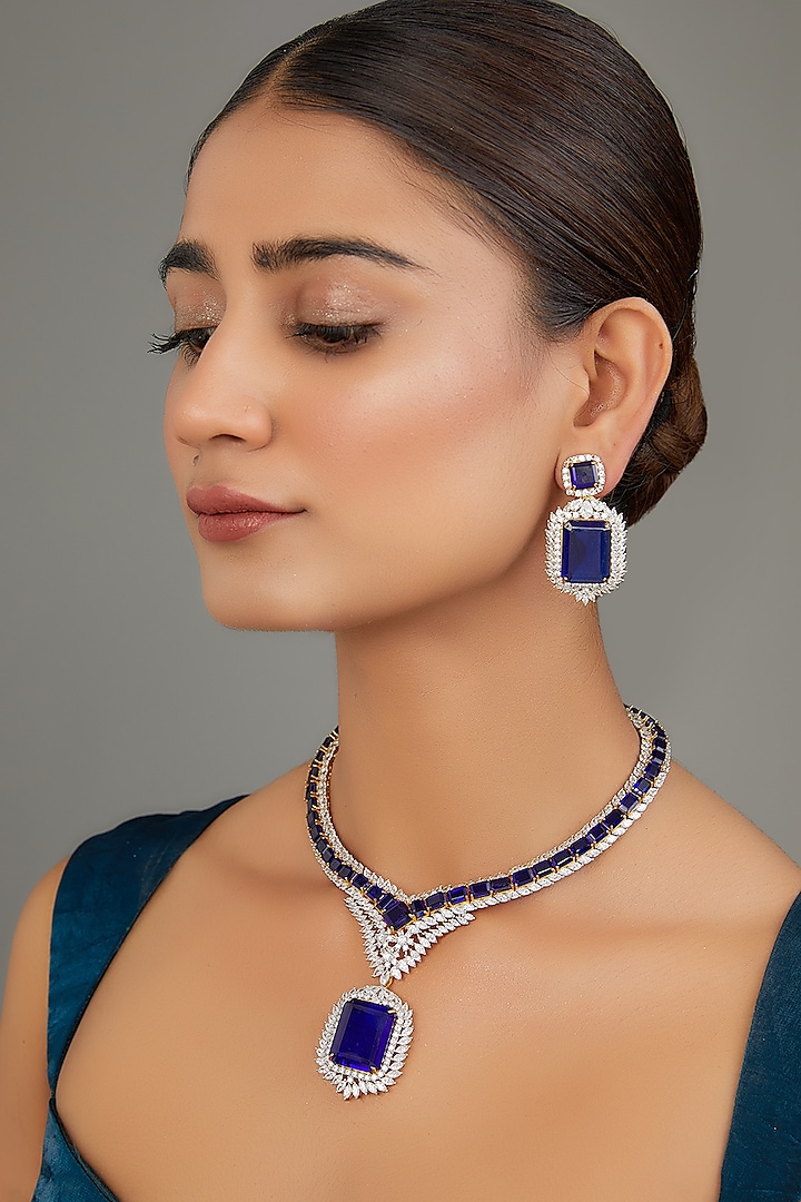 Two-Tone Finish Zircon & Royal Blue Stone Necklace Set by Studio6 Jewels